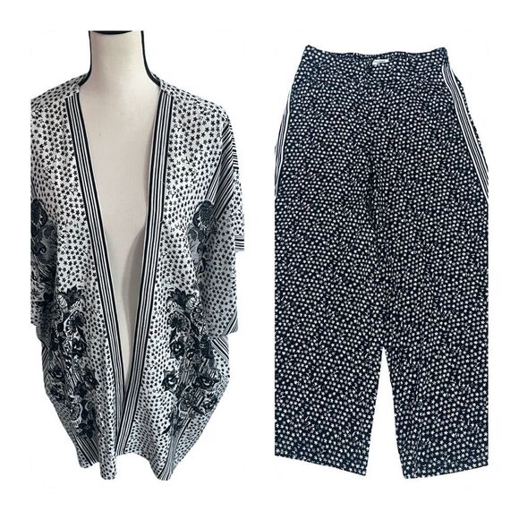 Max Studio Black and White Floral Kimono and  Pants - Picture 2 of 13